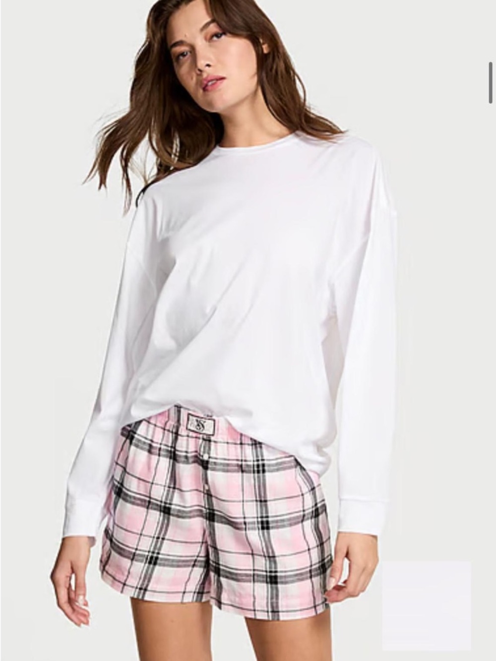 Victoria's Secret White Long-Sleeve Tee with Pink Plaid Lounge Shorts